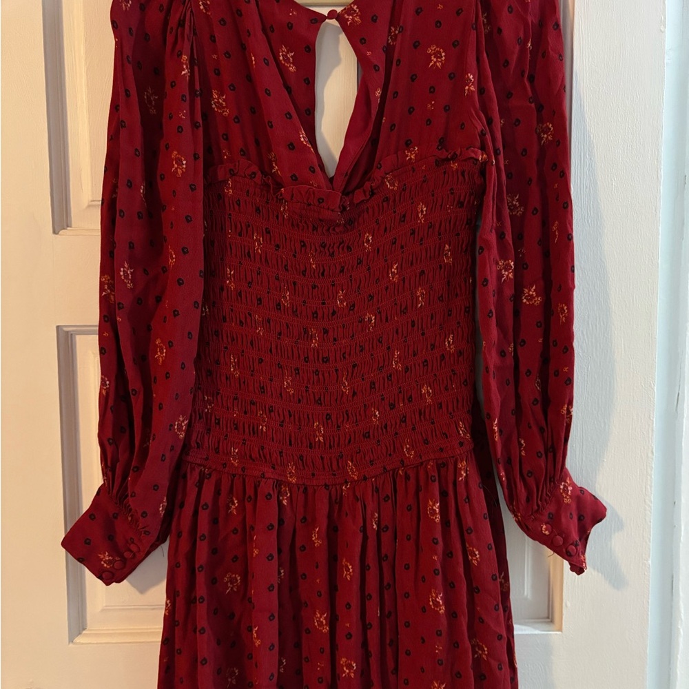 Free People Burgundy Red  Floral Smocked Long Sleeve Dress - Picture 2 of 9